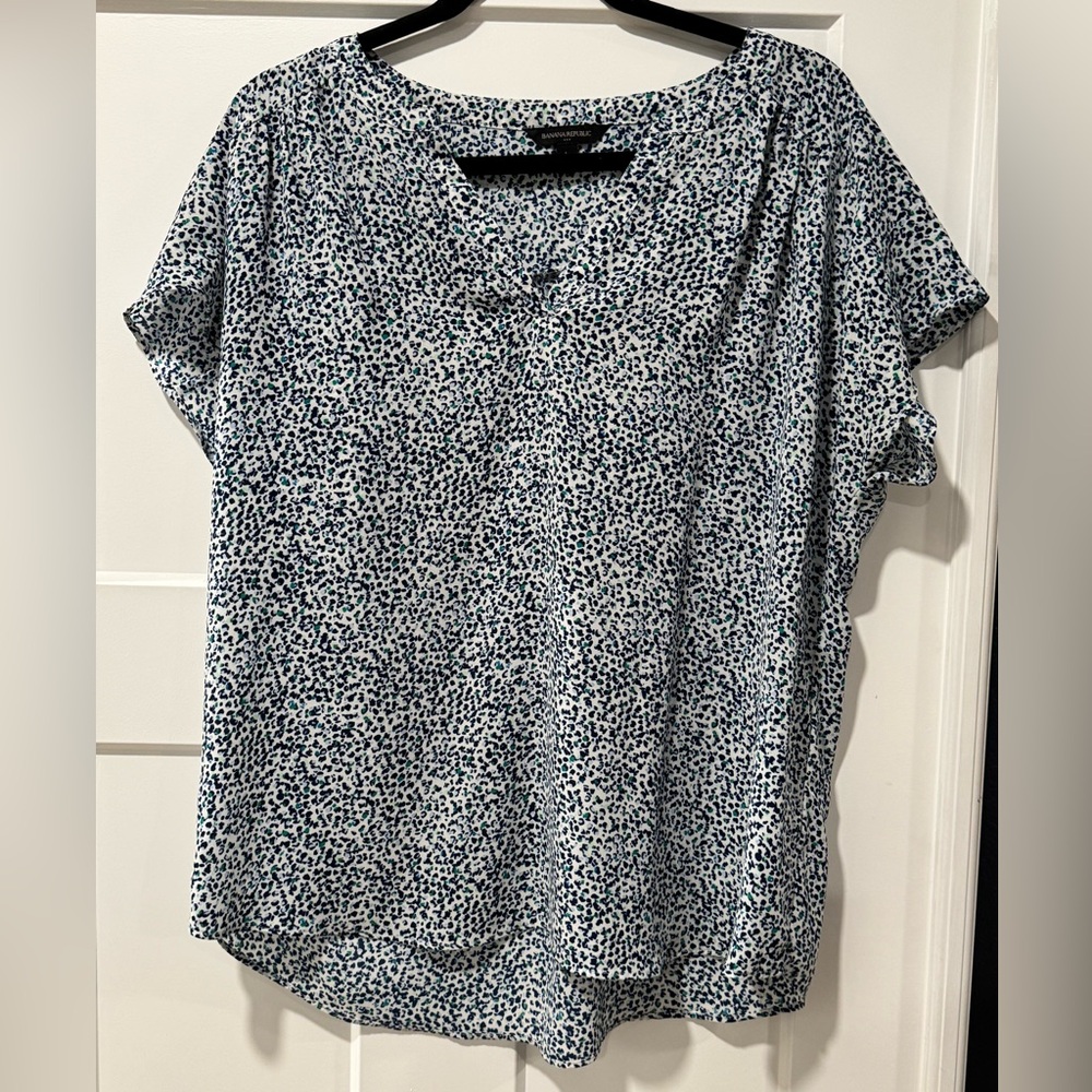 Blue, White and Green Patterned Blouse